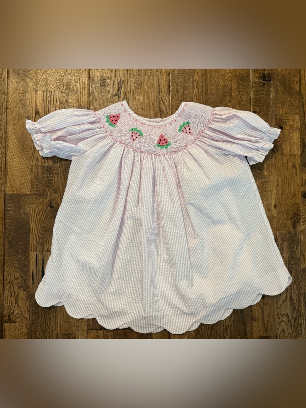 Stitchy Fish Scalloped Smocked Watermelon Seersucker Top Girls Size 8